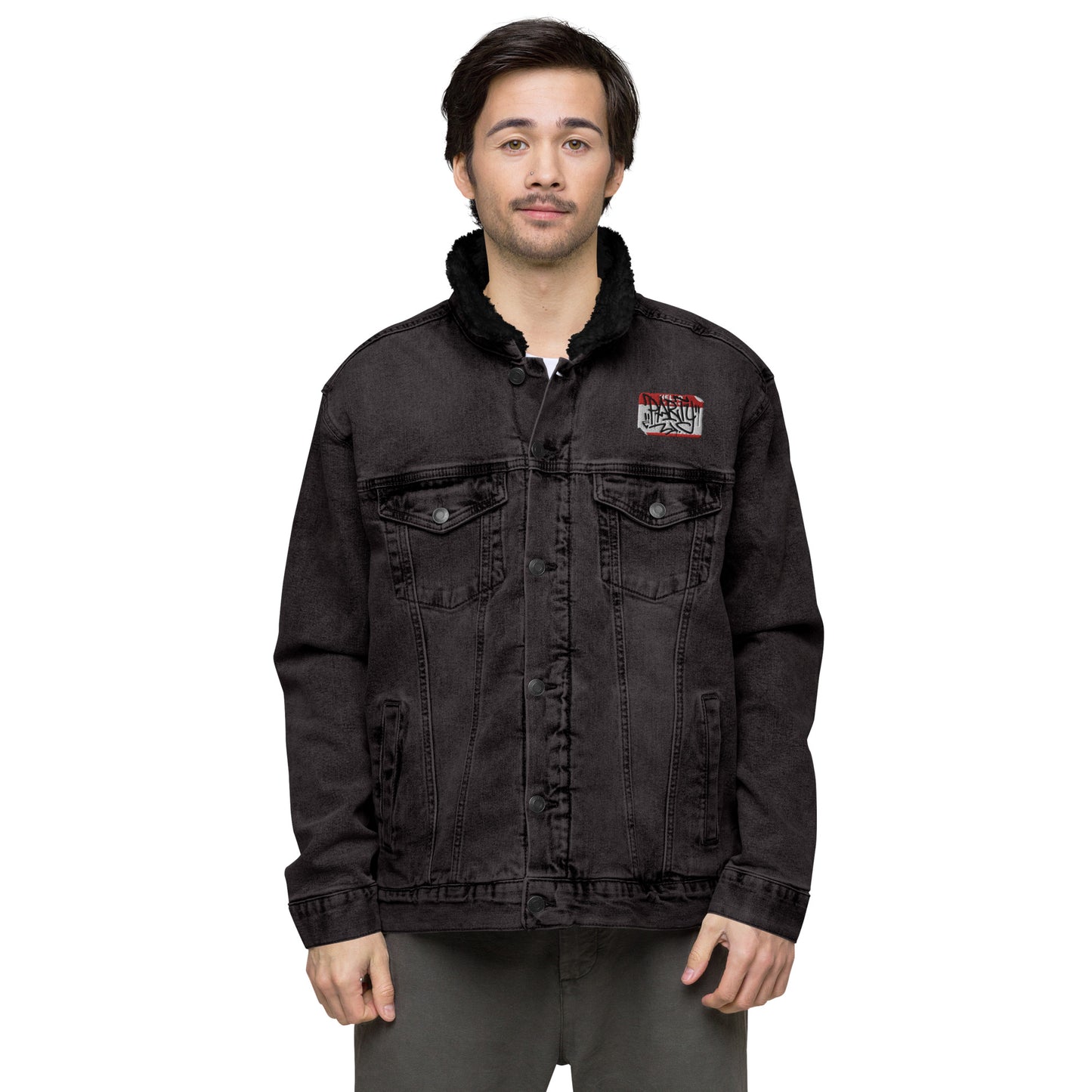 Hello My Name Is Embroidered Denim Sherpa Jacket