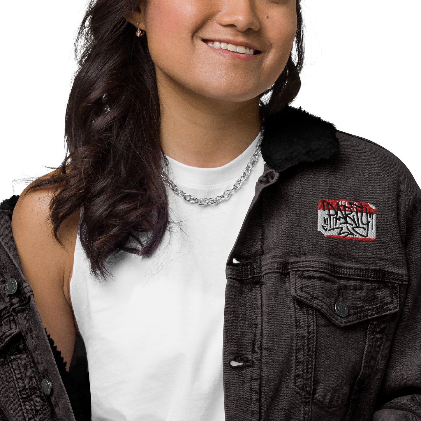 Hello My Name Is Embroidered Denim Sherpa Jacket