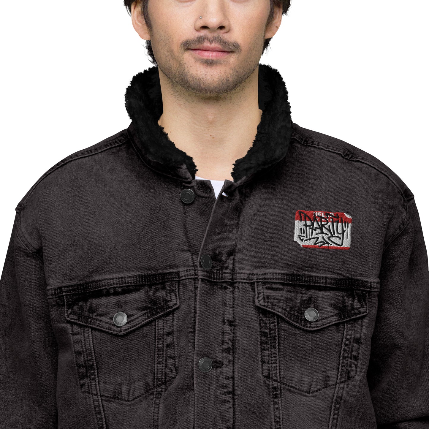 Hello My Name Is Embroidered Denim Sherpa Jacket