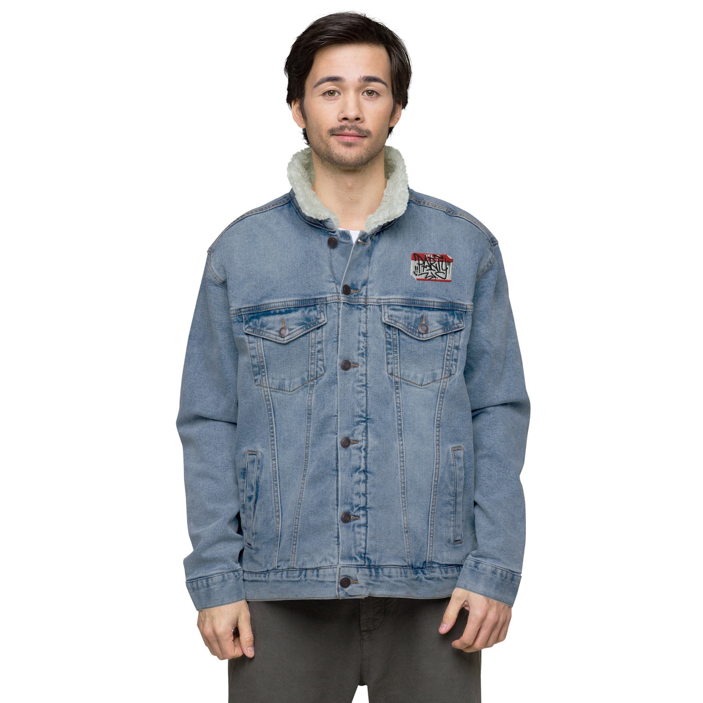 Hello My Name Is Embroidered Denim Sherpa Jacket