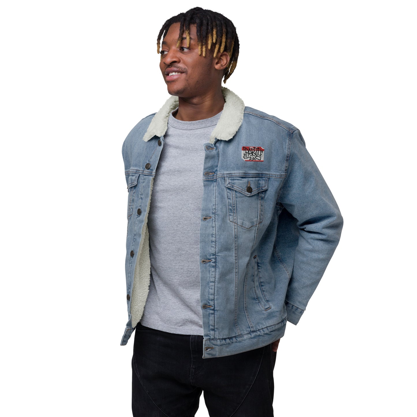 Hello My Name Is Embroidered Denim Sherpa Jacket