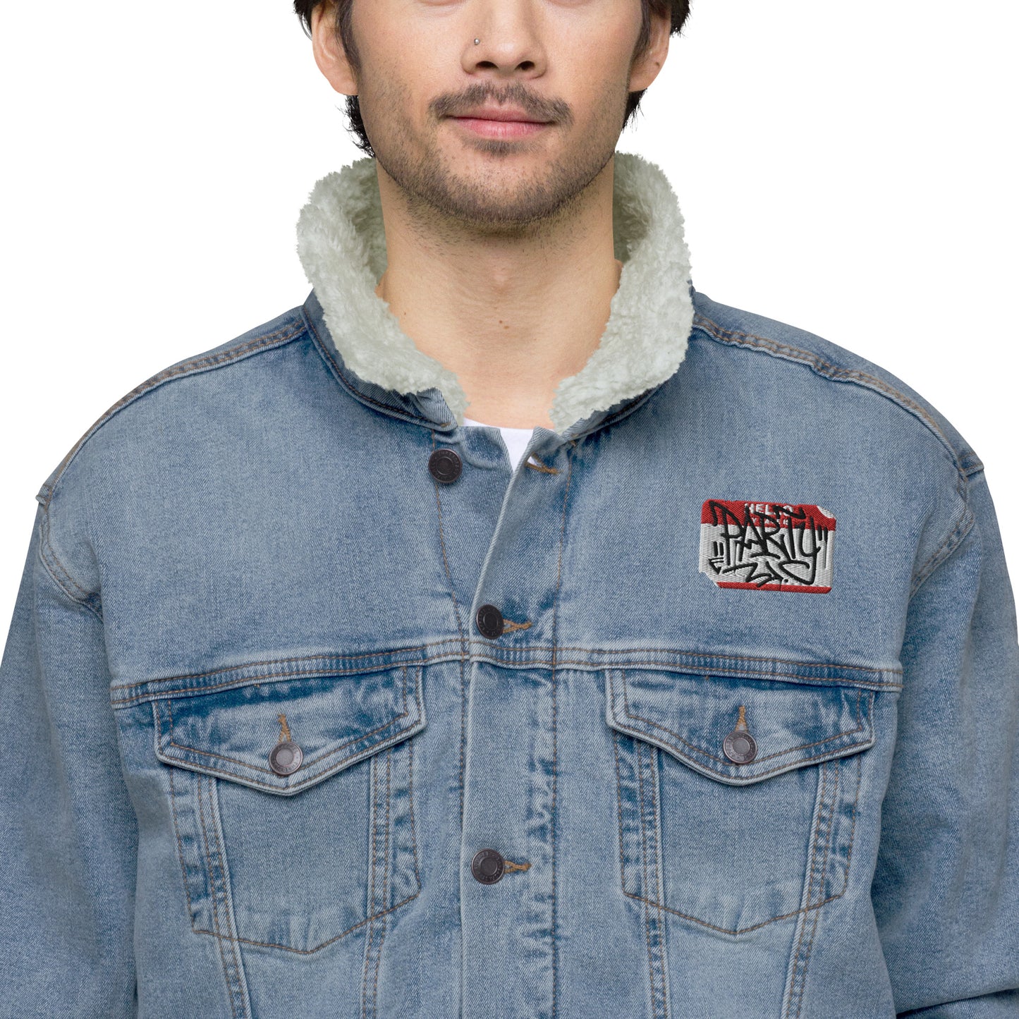 Hello My Name Is Embroidered Denim Sherpa Jacket
